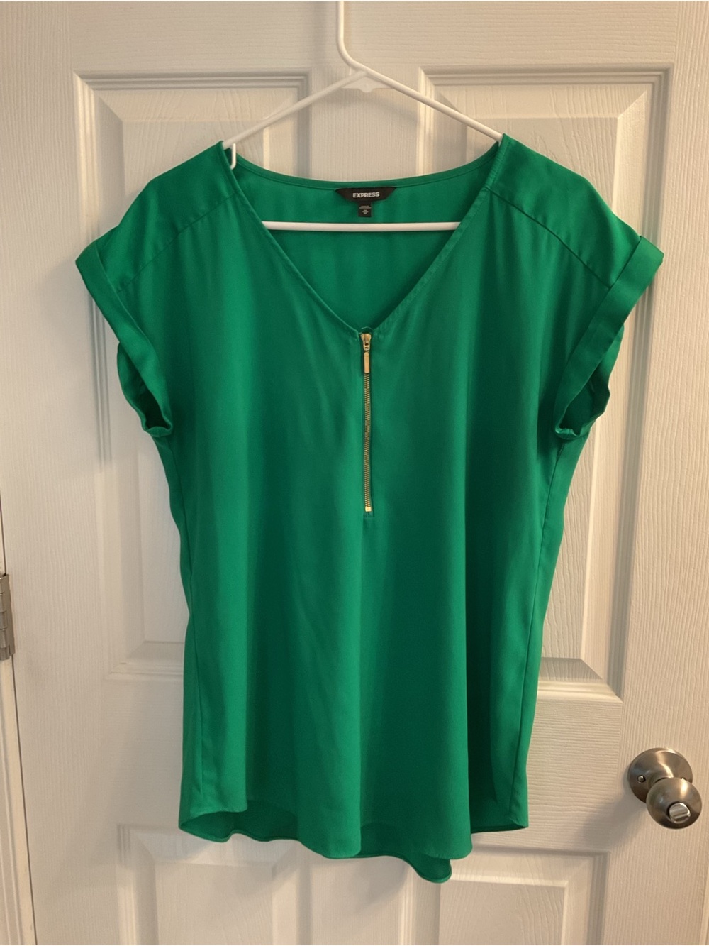 Express Green Zip-Front V-Neck Blouse